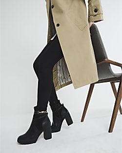 Black wide fit hardware strap heeled boots River Island