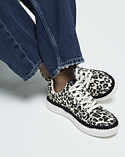 Beige canvas leopard print lace up trainers River Island