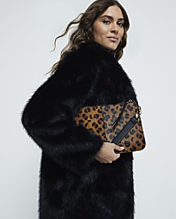 Brown Leather Leopard print Pouch