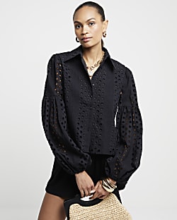 Black Broderie Puff Sleeve Shirt