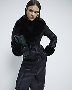 Ri studio black check tie waist longline coat store