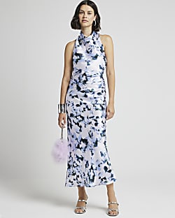Blue satin floral cross back slip midi dress