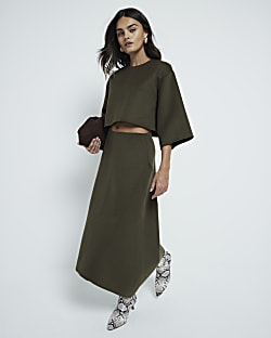 Khaki Premium asymmetric midi skirt