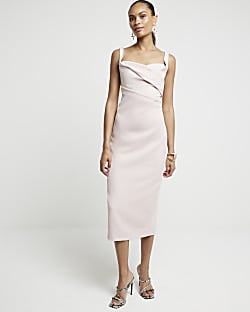 Pink Ruched Open Back Bodycon Midi Dress
