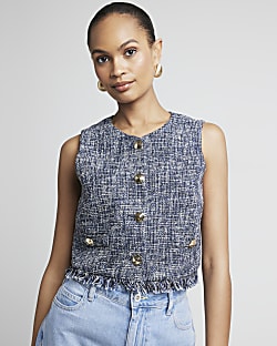 Navy boucle fringe hem waistcoat