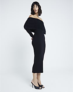Black Fluffy Bardot Midi Dress