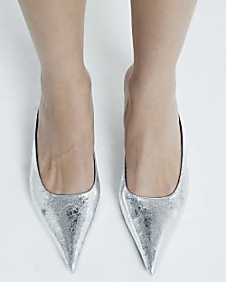 Silver kitten heeled mule shoes River Island