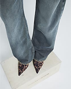 Brown leopard print kitten heeled mule shoes River Island