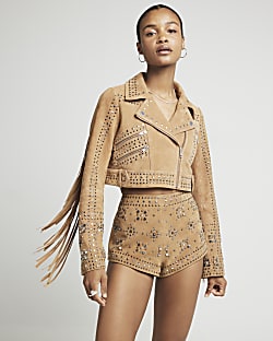 Pink suede studded shorts River Island