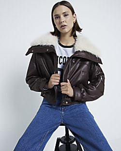 Brown Padded Faux Fur Trim Bomber Jacket River Island