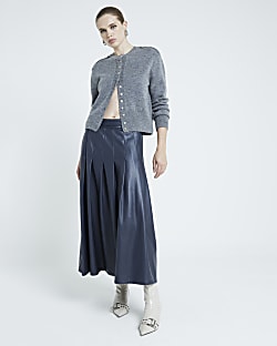 Navy Faux Leather Pleated Midi Skirt River Island