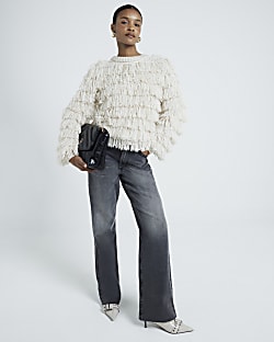 Black knit fringe jumper River Island
