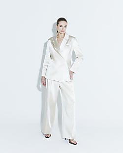 Cream Bonded Satin Wide Leg Trouser