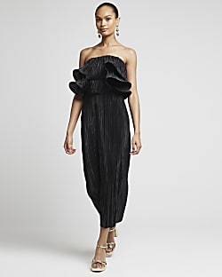Black plisse frill bandeau midi dress