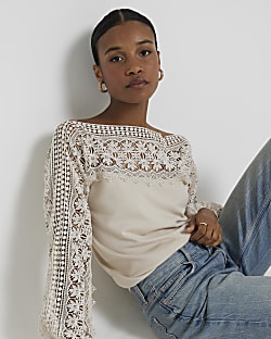 Beige Hybrid Lace Knit Jumper River Island