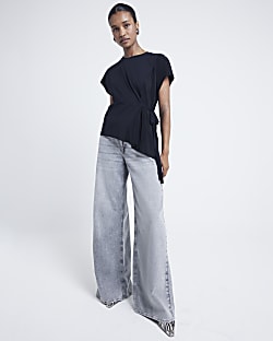Black colour block belted top River Island