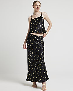 Black satin floral maxi skirt