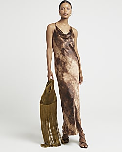 Brown satin cross back slip midi dress