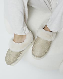 Gold Faux Fur Leopard Platform Slippers