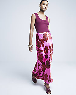 Pink satin floral maxi skirt