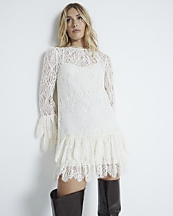 White lace panel tiered mini dress on sale