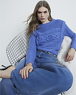 Blue Cable Knit Shoulder Jumper