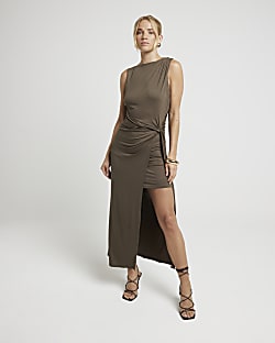 Khaki cowl back bodycon midi dress