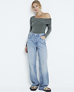 Khaki ruched off shoulder bodysuit