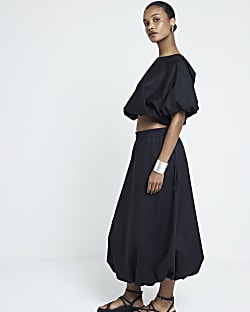 Black Bubble Hem Midi Skirt River Island