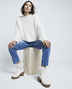 Cream Knitted Crepe Block Heeled Boots
