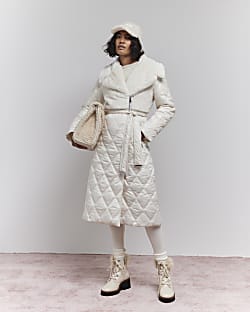 Cream Faux Fur Quilted Longline Coat River Island