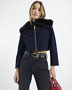 Navy Faux Fur Collar Cropped Jacket