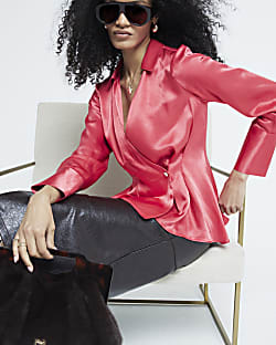 Red Satin Button Wrap Blouse