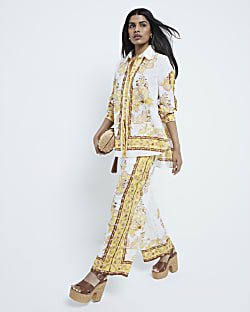 Petite Yellow Printed Broderie Trousers River Island