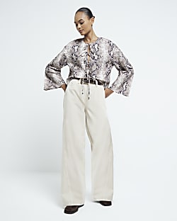 Grey Poplin Snake Print Tie Front Top