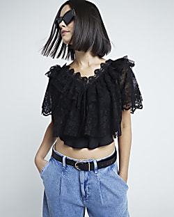 Black Short Sleeve Lace Bardot Crop Top River Island