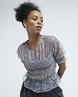 Black lace peplum top discount