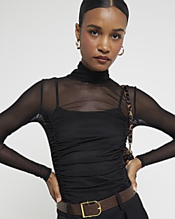 Black High Neck Ruched Mesh Top River Island
