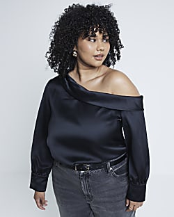 Plus Black Satin Off Shoulder Blouse River Island