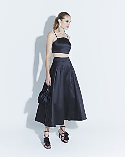 Black Satin Midi Skirt River Island