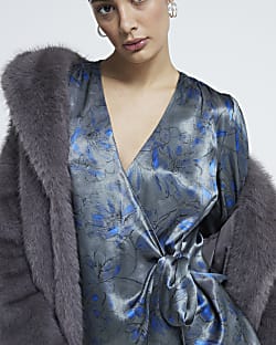 Grey Long Sleeve Floral Wrap Blouse