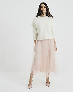 Pink Tulle Mesh Midi Skirt