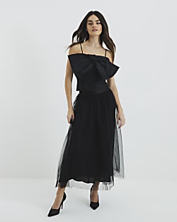 Black Tulle Mesh Midi Skirt