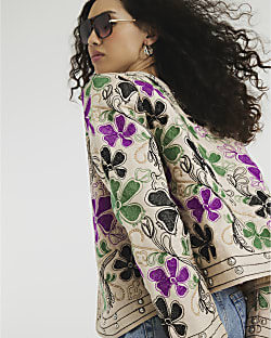Cream Long Sleeve Floral Studded Jacket