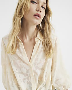 Beige Long Sleeve Floral Wrap Blouse