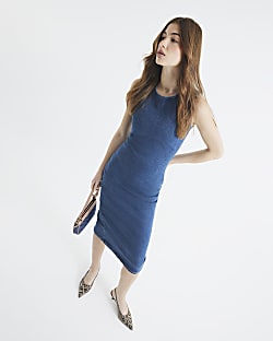 Blue Stretch Denim Bodycon Midi Dress