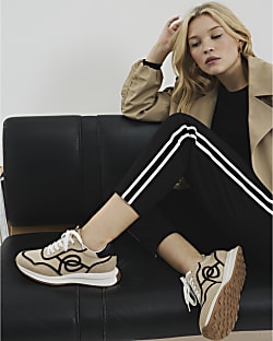 Beige Lace Up Runner Trainers