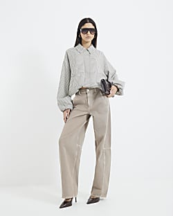 Beige Denim Seamed Barrel Jeans