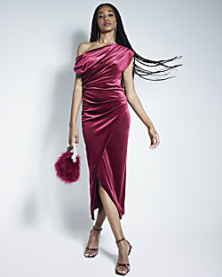 Red Velvet Drape Off Shoulder Column Dress River Island
