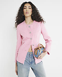 Pink Collarless Boucle Jacket